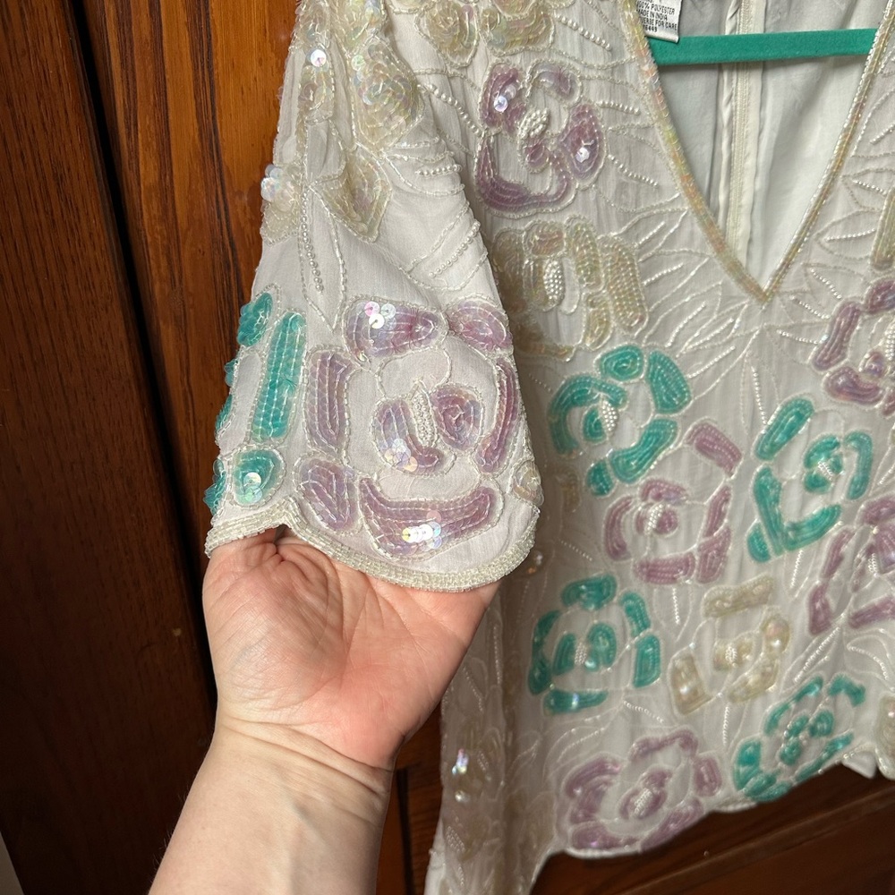 Vintage Floral Sequined Embroidered Teal, Pink & White Blouse - Picture 6 of 10